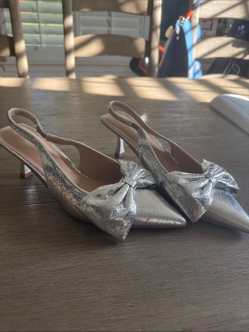 Amazon Silver Pointed-Toe Slingback Heels with Bow